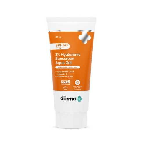 The Derma Co 1% Hyaluronic Sunscreen Aqua Gel SPF 50 PA++++ | With Hyaluronic Acid & Vitamin E | Fragrance-Free | Lightweight Gel | No White Cast