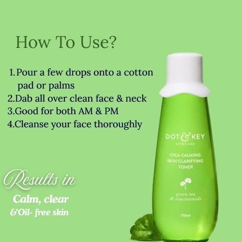 Dot & Key Cica Calming Skin Clarifying Toner – With Cica, Green Tea & Niacinamide | Lactic Acid | Clears Pores & Calms Acne | Fragrance-Free | For Oily & Acne-Prone Skin | 150 ml