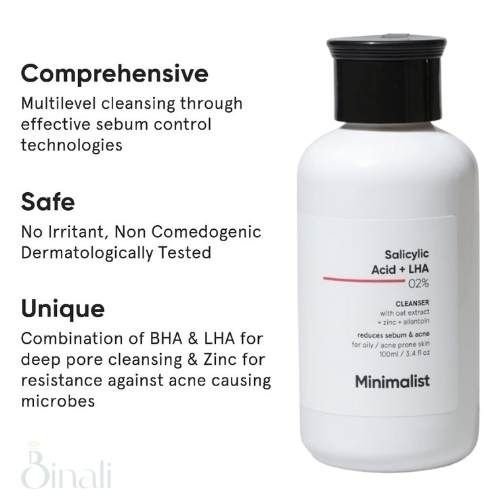 Minimalist Salicylic Acid + LHA 0.2% Cleanser – With Oat Extract, Zinc & Allantoin | Controls Sebum & Acne | Gentle Daily Cleanser | For Combination & Acne-Prone Skin | 100 ml