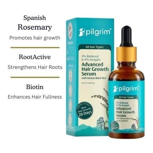 Pilgrim 3% Redensyl & 4% Anagain Advanced Hair Growth Serum – With Korean Black Rice | Strengthens Roots | Supports Thicker-Looking Hair | For All Hair Types | 50 ml