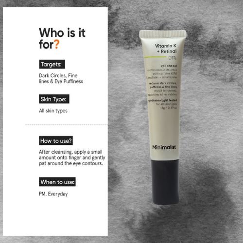 Minimalist Vitamin K + Retinal 0.1% Eye Cream with Caffeine, Peptides & Zerumbone – 14 g (0.49 oz)